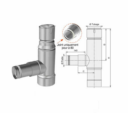 Té raccordement poêle Ø150mm / tubage inox Ø150mm