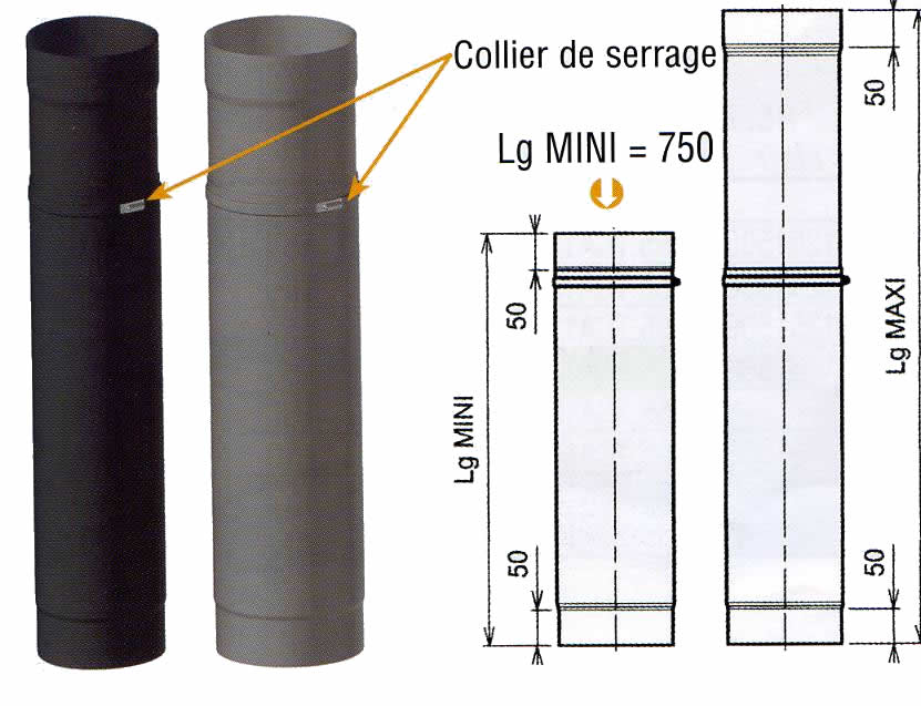 Tuyau acier émail noir diamètre 150 mm - rigide - coulissant 50 cm TEN